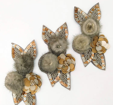 Grey and Antique Gold Hand Embroidered Floral Applique, Beaded and Sequins Applique